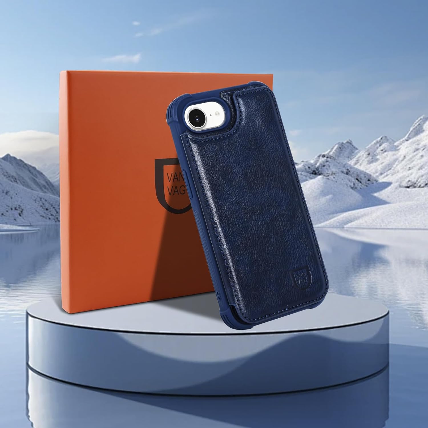 VANAVAGY Compatible for iPhone 16e/17e Wallet Case with RFID Blocking Card Holder for Women Men, PU Leather Magnetic Clasp Card Slots Phone Cover Kickstand with Screen Camera Protector, Navy Blue