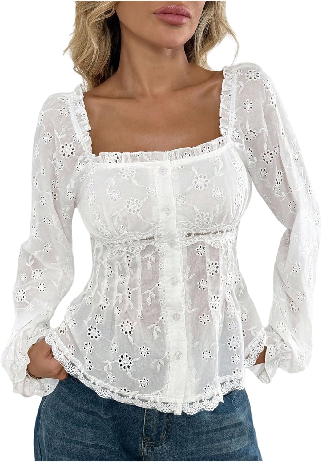 WDIRARA Women's Eyelet Ruffle Lace Trim Blouse Long Sleeve Square Neck Button Front Casual Shirt