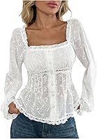 WDIRARA Women's Eyelet Ruffle Lace Trim Blouse Long Sleeve Square Neck Button Front Casual Shirt