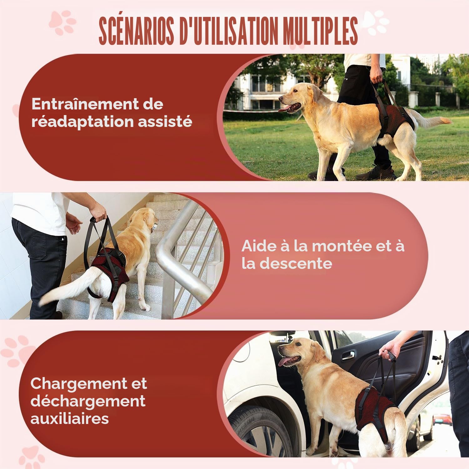 SlowTon Hind Leg Support Harness Sling pour Chiens de Taille Moyenne - Harnais de Levage de Chien réglable Confortable pour Les Personnes âgées blessées arthritiques handicapées (Rouge, XL)