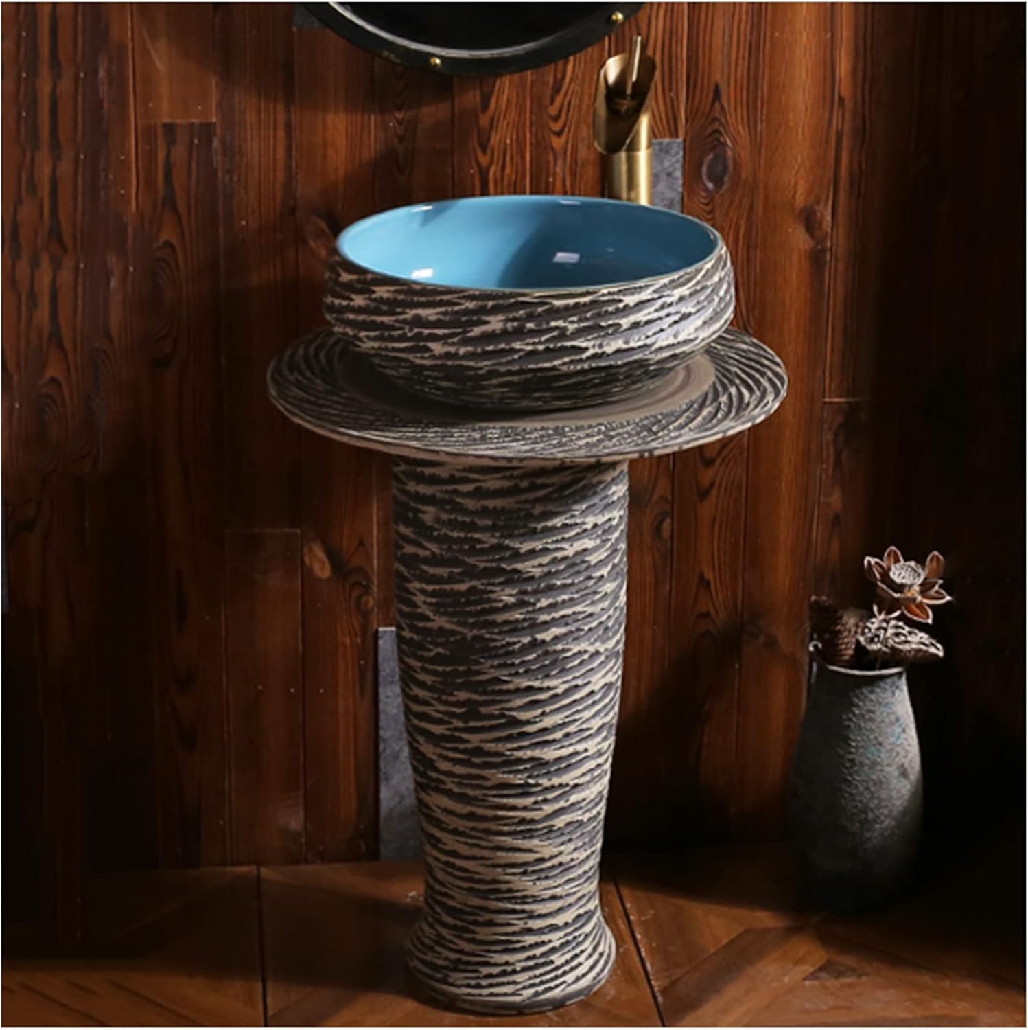 Pedestal Sink Handcrafted Ceramic wash Basin Pedestal washbasin, Kaolin Clay Pedestal Sink Round Freestanding Sink for Indoor and Outdoor,A,Without Mirror (D Without mirror)