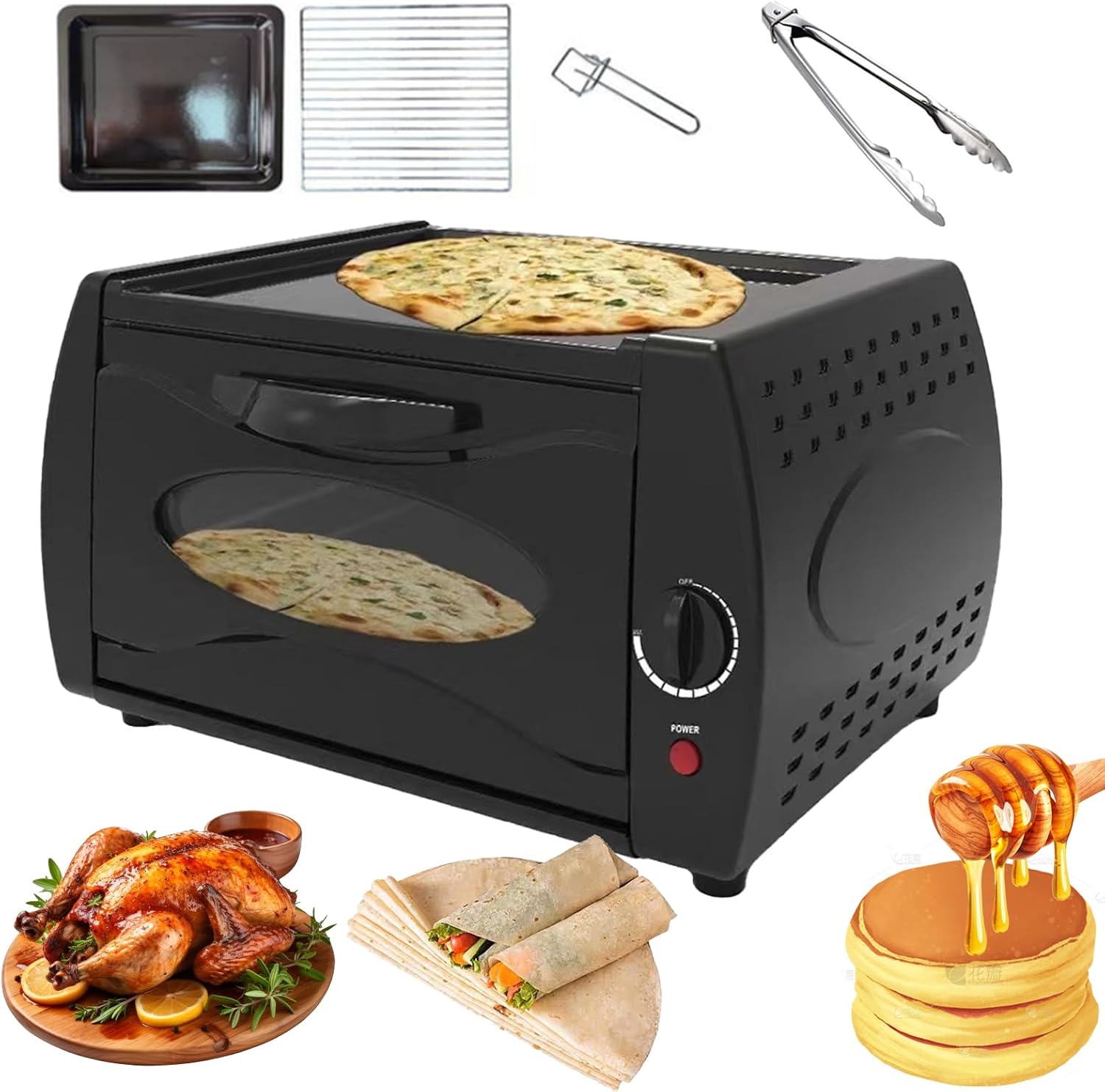 Electric Tandoor Oven, 2-in-1 Roti Maker with Temperature Control, Visual Glass Door, Hot Top Plate, Bake Tray, 2100W for Naan, Chapati, Lahmacun