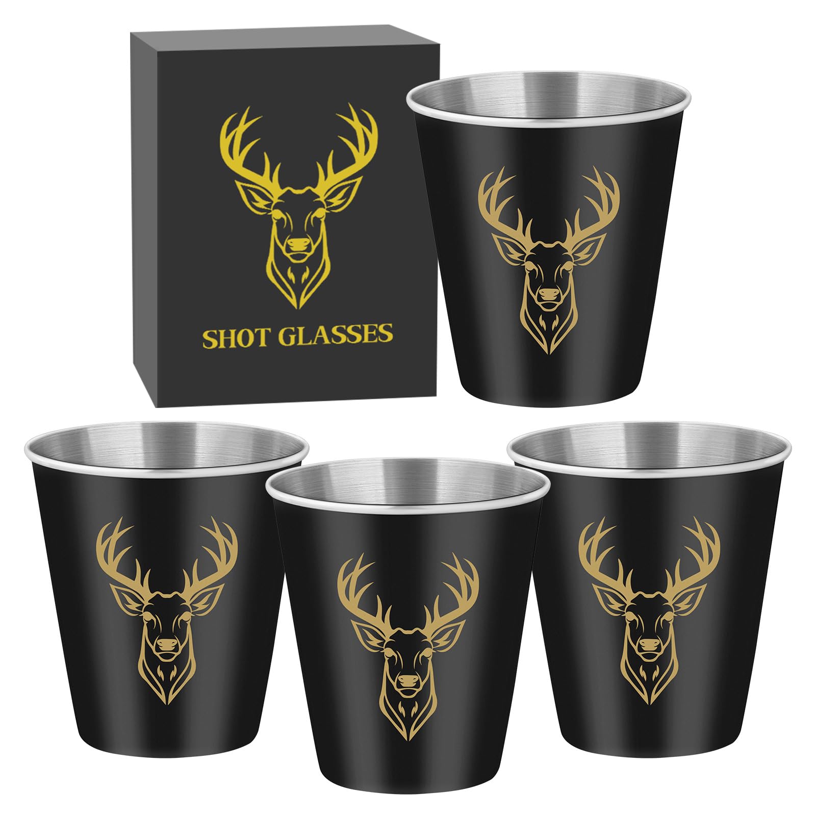 Deer Head Shot Glasses Bulk Set of 4 with Gift Box for Men Women, Stainless Steel Shot Glass Drinking Tumbler, Stag Hunting Gifts for Hunters, Small