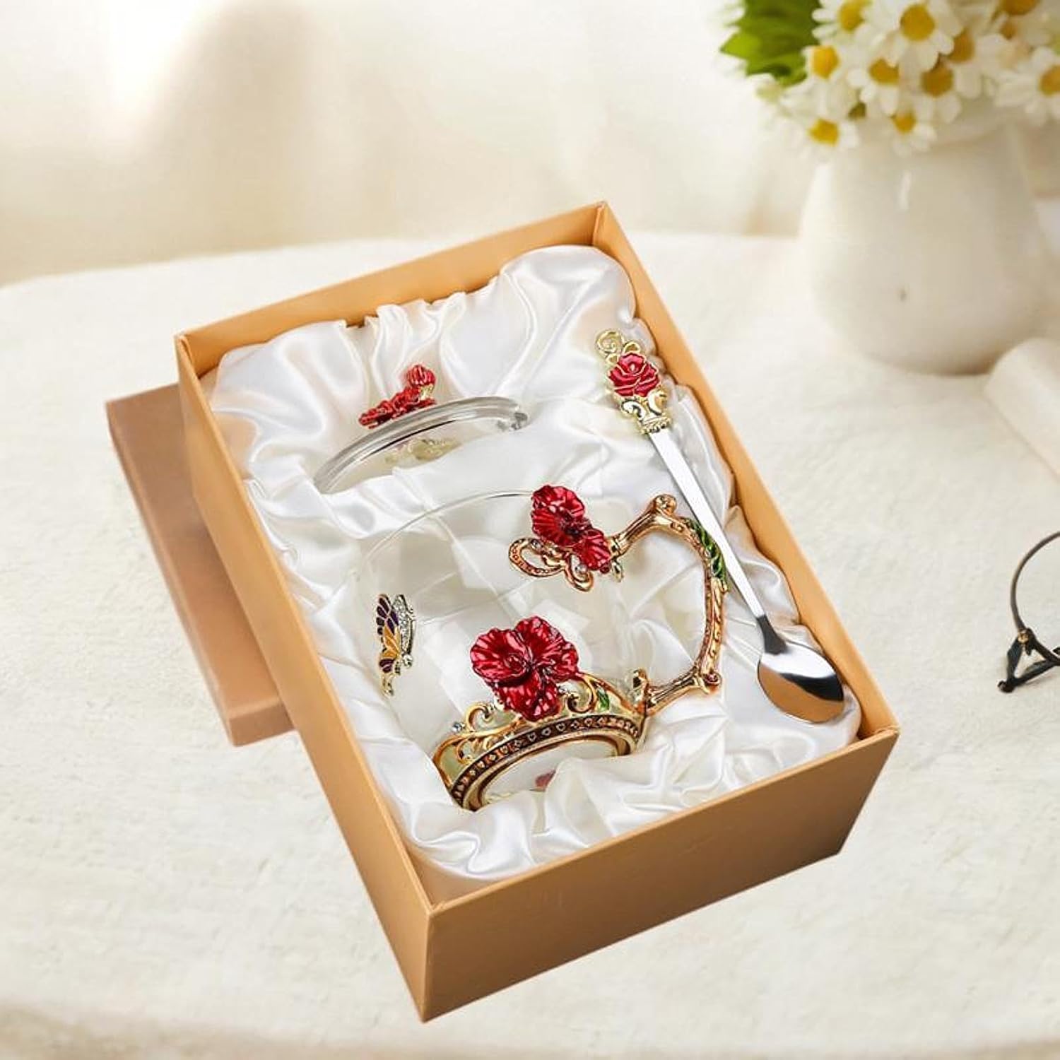 Glass Tea Cup Set for Special Celebrations, Red