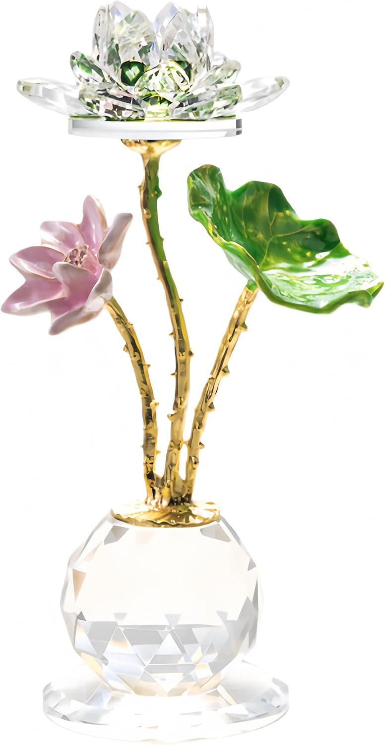 Crystal Lotus Flower Figurine with Vase - Handmade Glass Lotus Flower Home Decor, Good Luck Gifts for Women on Christmas Day Mother's Day Wedding Party Valentine's Day Wedding(Green)