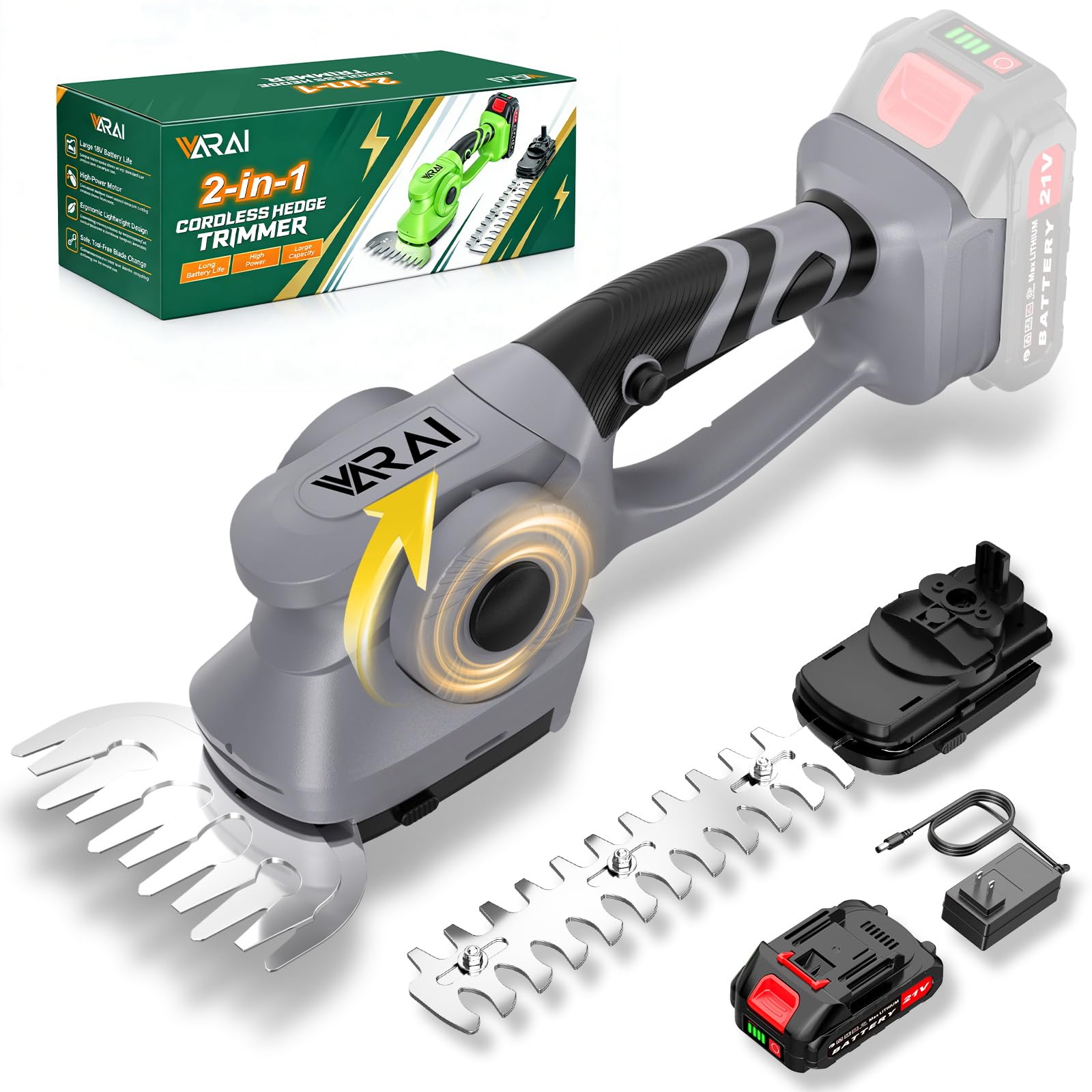 2-in-1 600W 21V Cordless Hedge Trimmer, Gray
