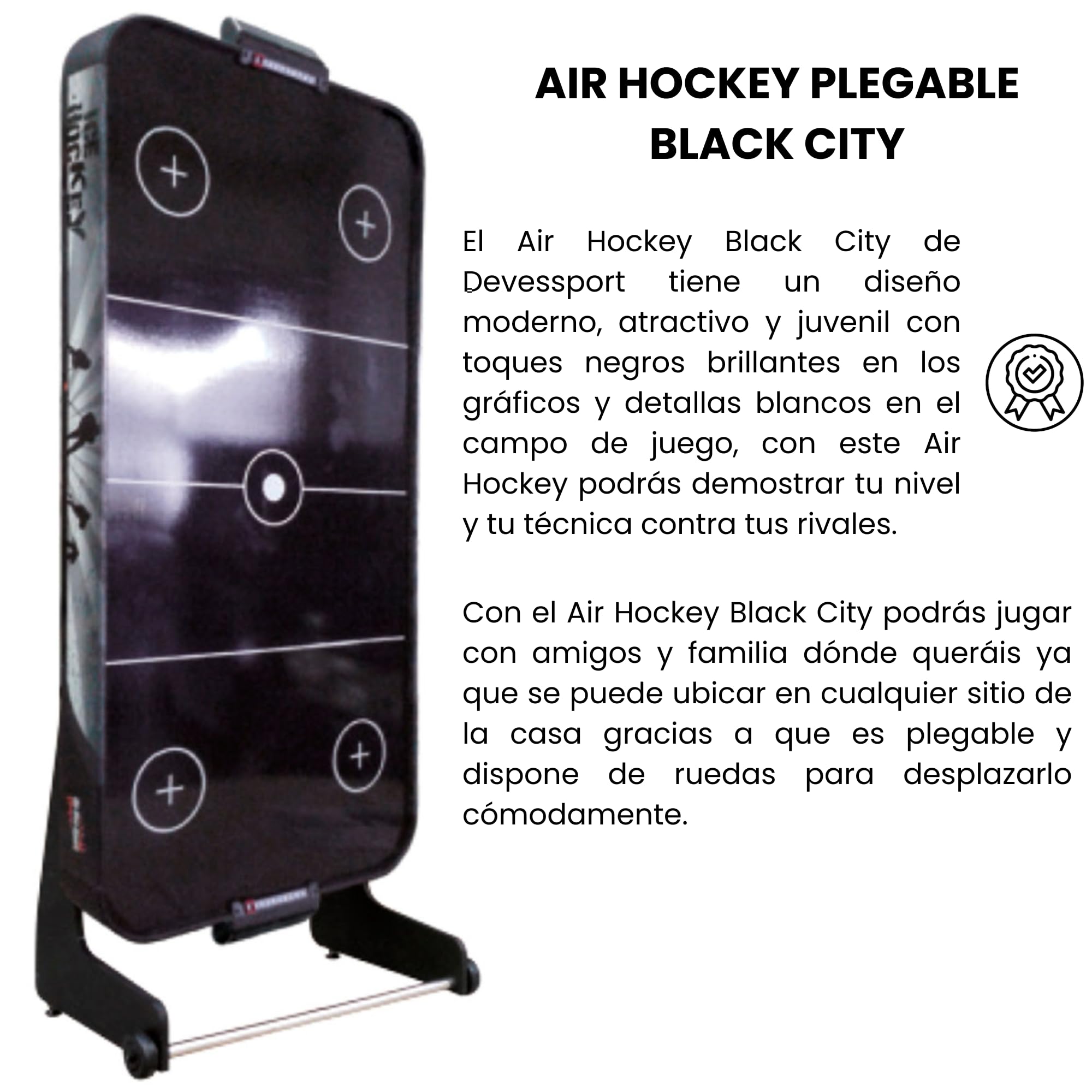 DEVESSPORT Air Hockey Black City | Mesa de Hockey Plegable | Incluye Ruedas para Transporte Aire Eléctrico 220V y Accesorios Incluidos Listo para Jugar | Montaje Fácil y Diseño Resistente