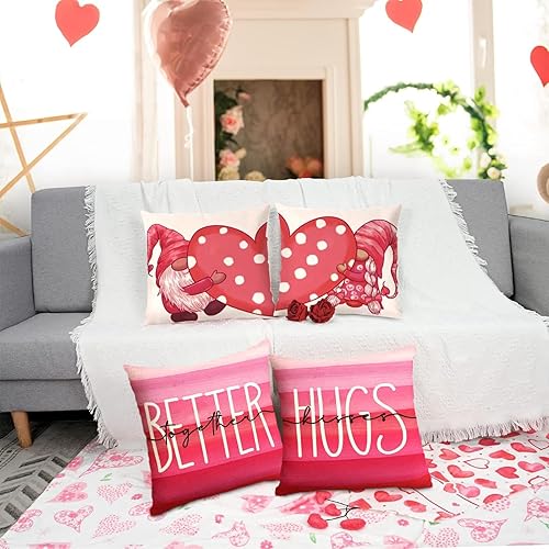 Miniatura 3 de BKHEY Juego de 4 fundas de almohada para el día de San Valentín de 18 x 18 pulgadas, diseño de enanos rosados, corazones, amor, abrazos, besos, para