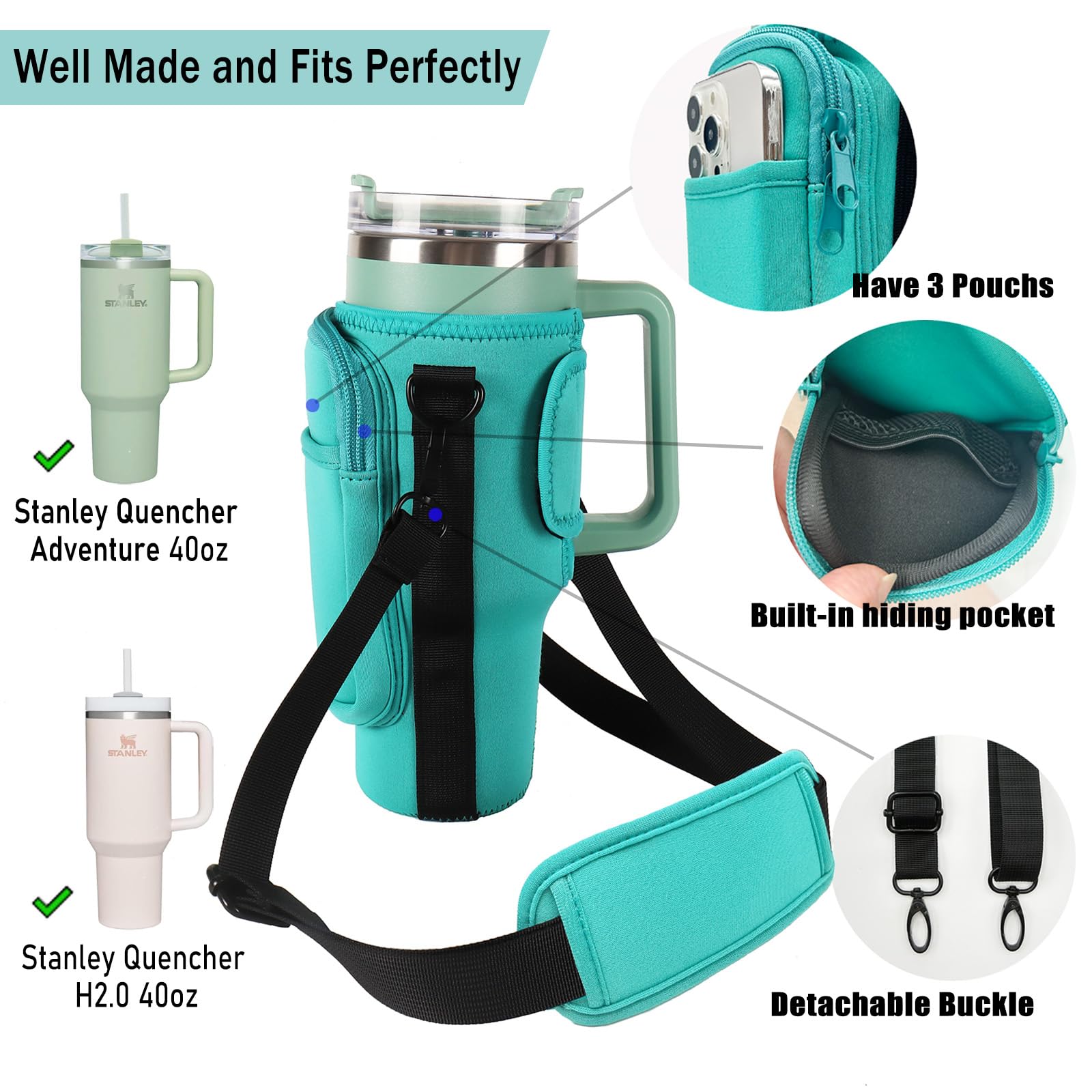 Borsa Accessorio Per Bicchiere Stanley 40oz – Neoprene Verde Con Cinghie Regolabili Per Quencher E IceFlow