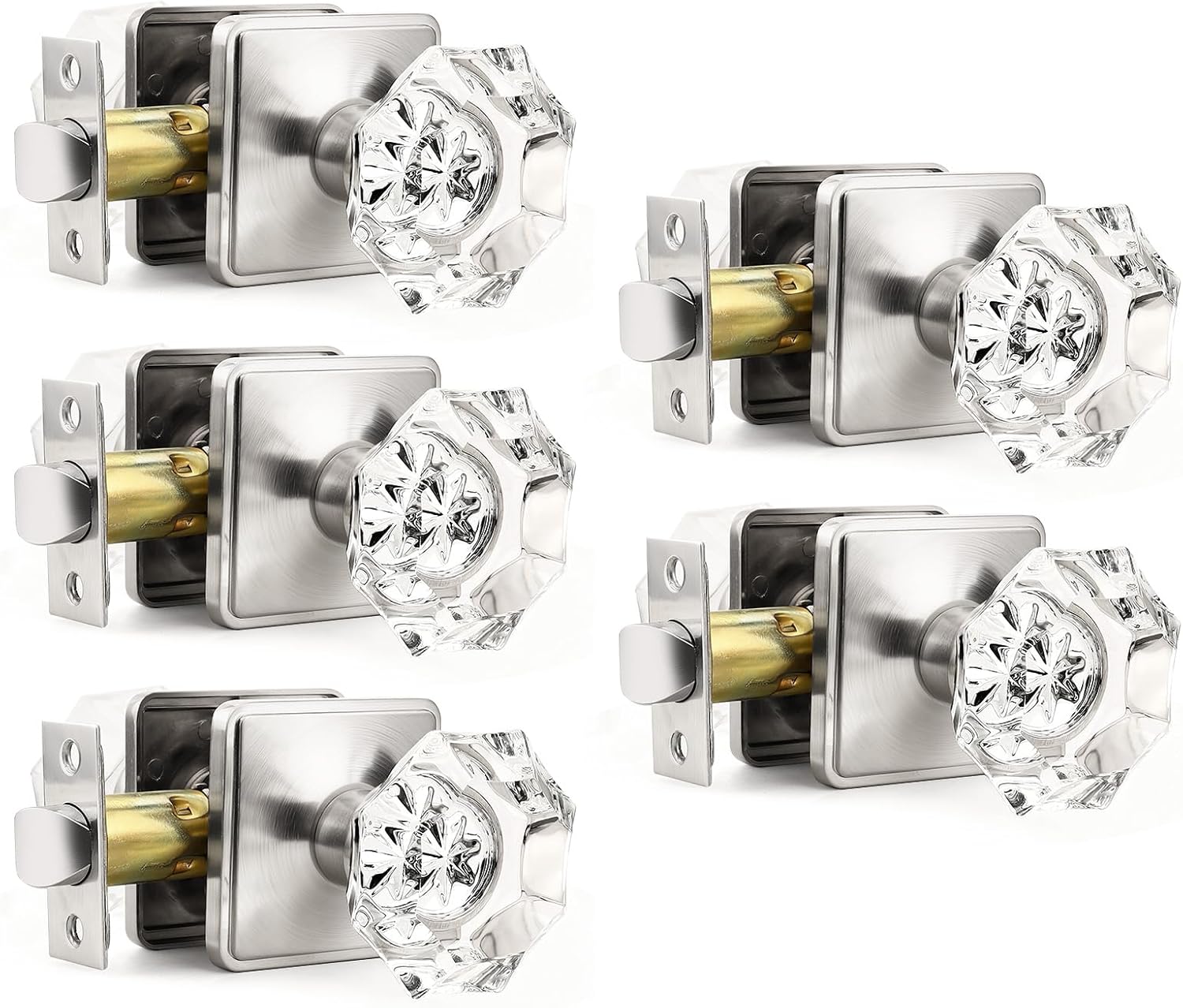 Orger Passage Door Knobs,Modern Glass Door Knobs, Keyless Stain Nickel Interior Door Handles Zinc-Alloy Heavy Duty for Closet Hallway 5Pack