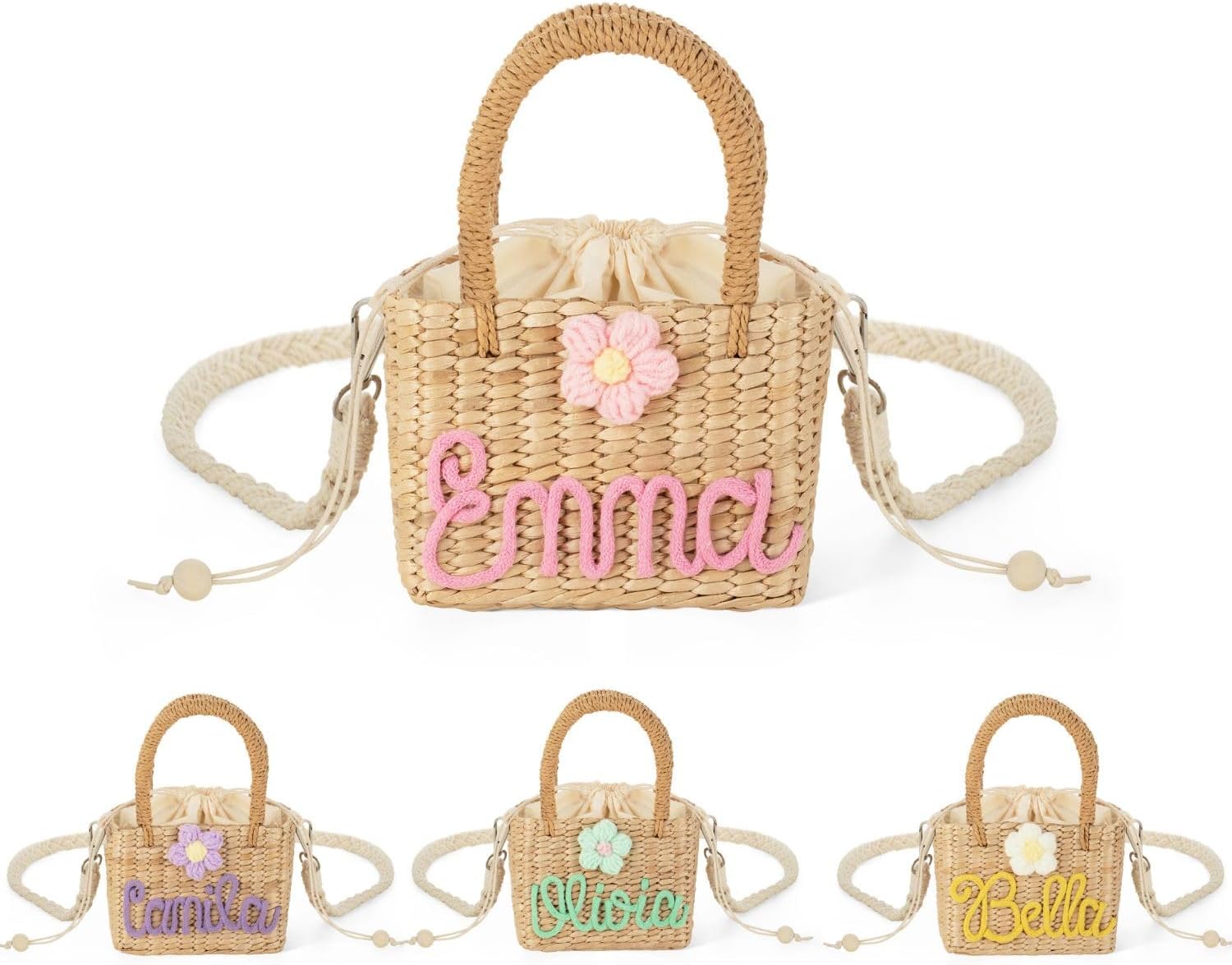 CALLIE Personalized Flower Straw Crossbody Bag for Kids, Handmade Cute Woven Handbag with Name, Shoulder Strap and Drawstring Lining, Travel Beach Vacation Accessory, Summer Birthday Gift for Kids