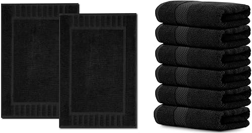 White Classic 2 tapetes de baño negros de lujo de 22 x 34 y 6 toallas de mano de lujo de 16 x 30 pulgadas, algodón, altamente absorbentes y de