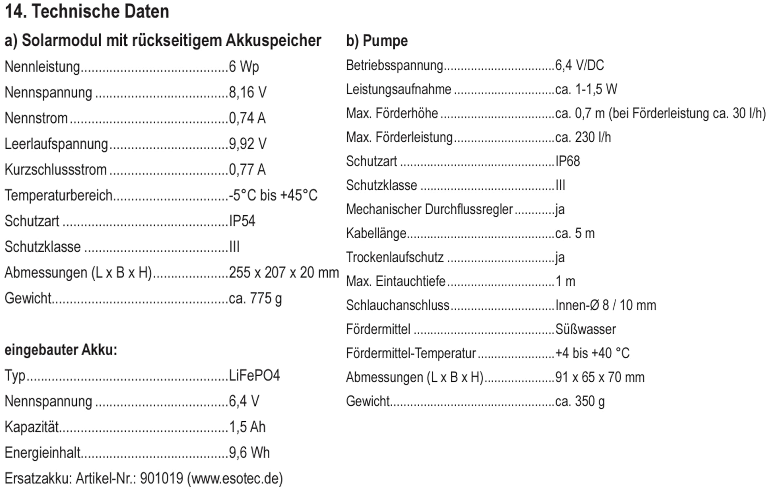 esotec Solar Teichpumpenset mit Akku 6/230 LiFePO4, Solar Teichpumpe 230 l/h 6,4 VDC, Wasserspiel Springbrunnen IP68 außen 101933
