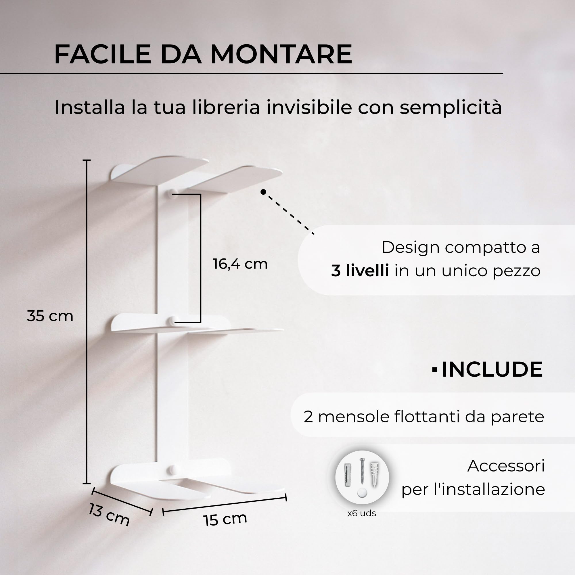 MILUKA Set 2 Libreria Verticale Sospesa 35 cm con 3 Livelli in Acciaio Bianco | Libreria da Parete Sospesa, Porta Libri, CD | Scaffale Modulare Invisibile Salvaspazio