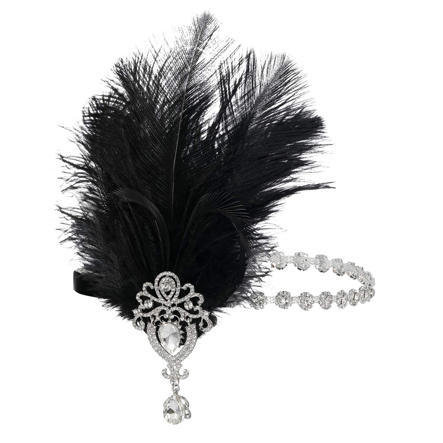 SWEETV 1920s Feather Headpiece Black, Womens Ostrich Feather Crystal Headband, Great Gatsby Hair Accessories for Women, Ribbon Tie - Image 5