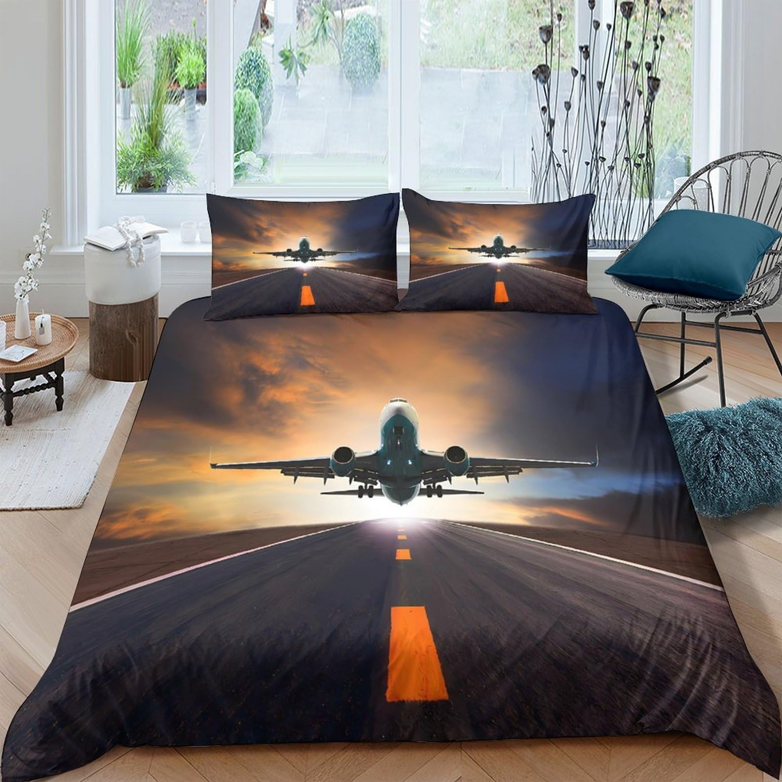 GPLZQXKJNH 3D Printed Airplane Runway Duvet Cover Microfiber Soft Breathable Sunset Flight Bedding Set with 2 Pillowcases for Bedroom Home Single（135x200cm）