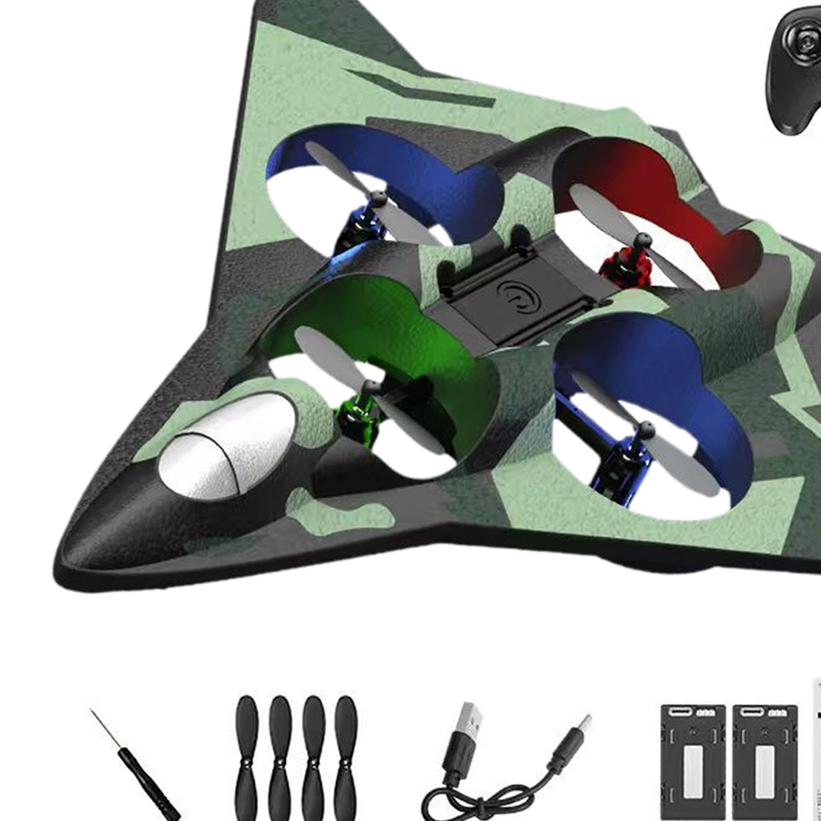Milageto Avión Teledirigido con Cuatro Motores Avión de Control Remoto Acrobático Planeador Resistente con Luces LED y Ligero de Espuma Adecuado, Batería Doble Verde