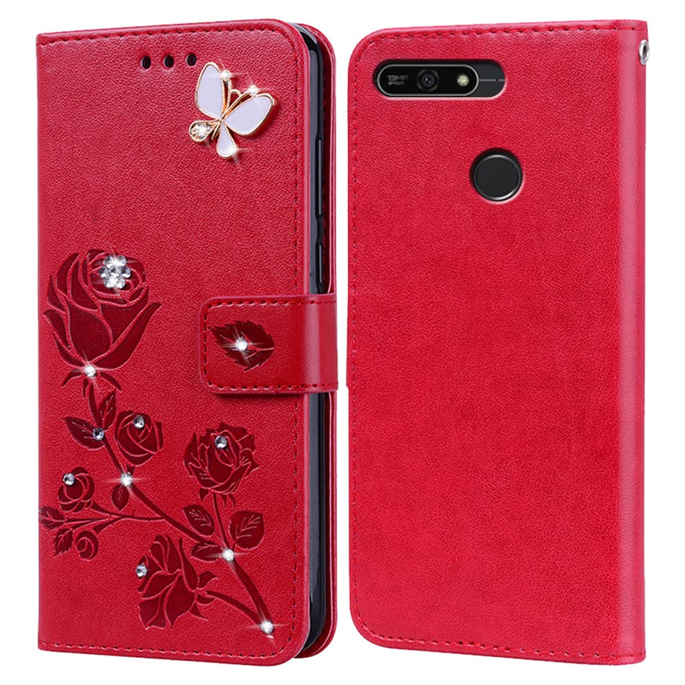 Tasca con Cerniera Custodia a portafoglio per Huawei Y6 2018 Flip Cover con chiusura magnetica,tasca con cerniera 7 scomparti per carte di credito Cinturino da Polso Goffrato Fiore Cover Marrone
