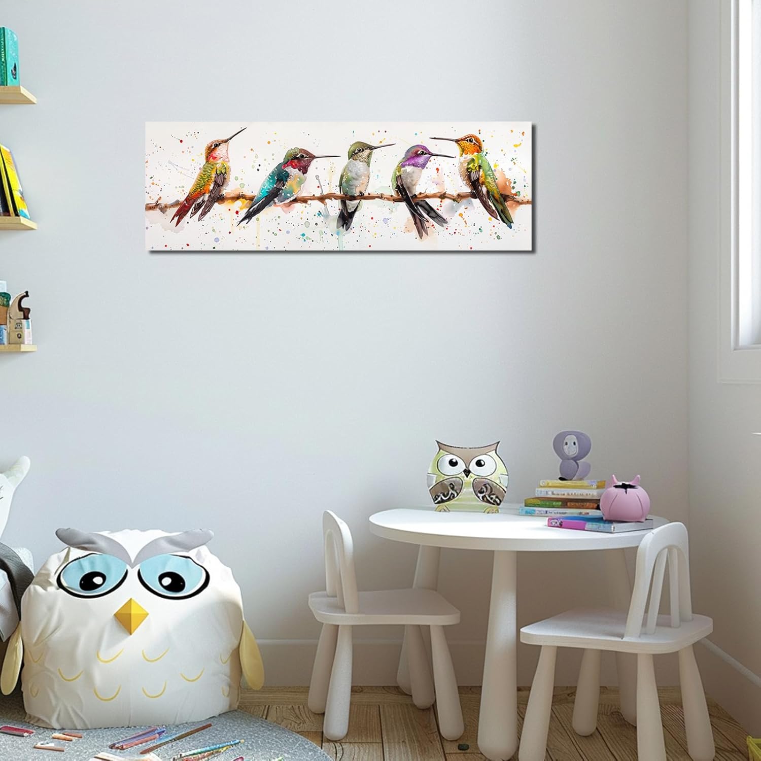 PBXBJY Large Watercolor Bird Wall Art Hummingbird Canvas Prints Modern Animal Painting 5 Hummingbirds on Branch Poster Pictures for Bathroom Living Room (8.00" x 24.00")
