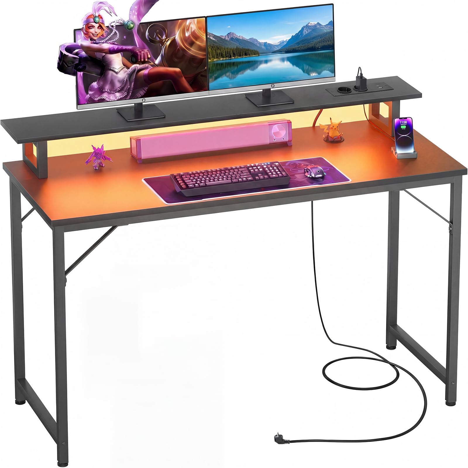 iSunirm Mesa Gaming con LED y Enchufes 120x50cm, Escritorio Gaming con Soporte para Monitor y Puertos USB, Escritorio Pequeño para Ordenador para Habitación y Oficina, Negro