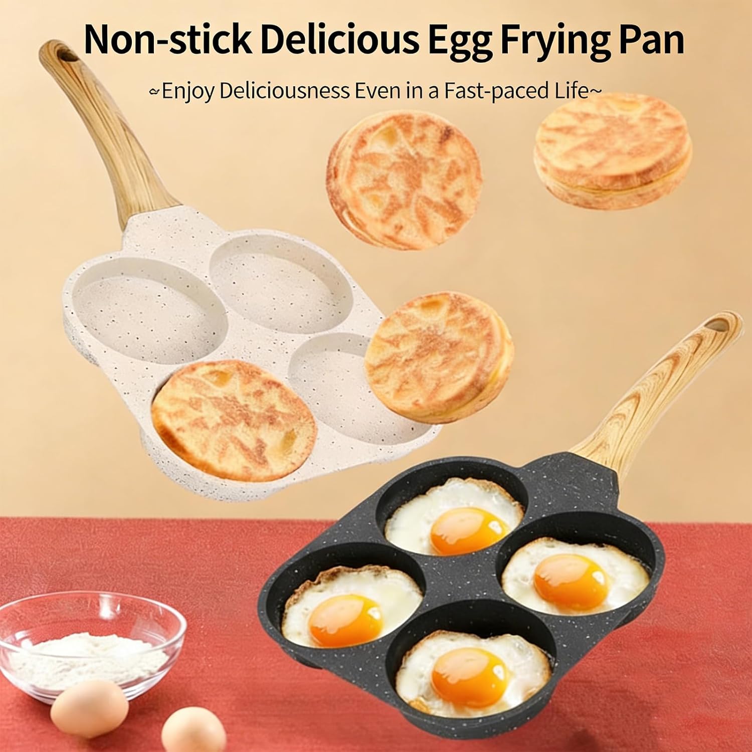 Maifan Stone Multi-Hole Egg Frying Pan, 4 Hole Nonstick Frying Pan, Easy Clean Egg Cooker Omelet Pan for Breakfast Pancake, Hamburger Pan Gas Stove and Other Stoves Cookware (2pcs)