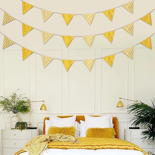 Miniatura 6 de Zwiebeco Banderines de tela ondulada de 32 pies con rayas amarillas y blancas banderines triangulares guirnalda de algodón para cumpleaños boda baby