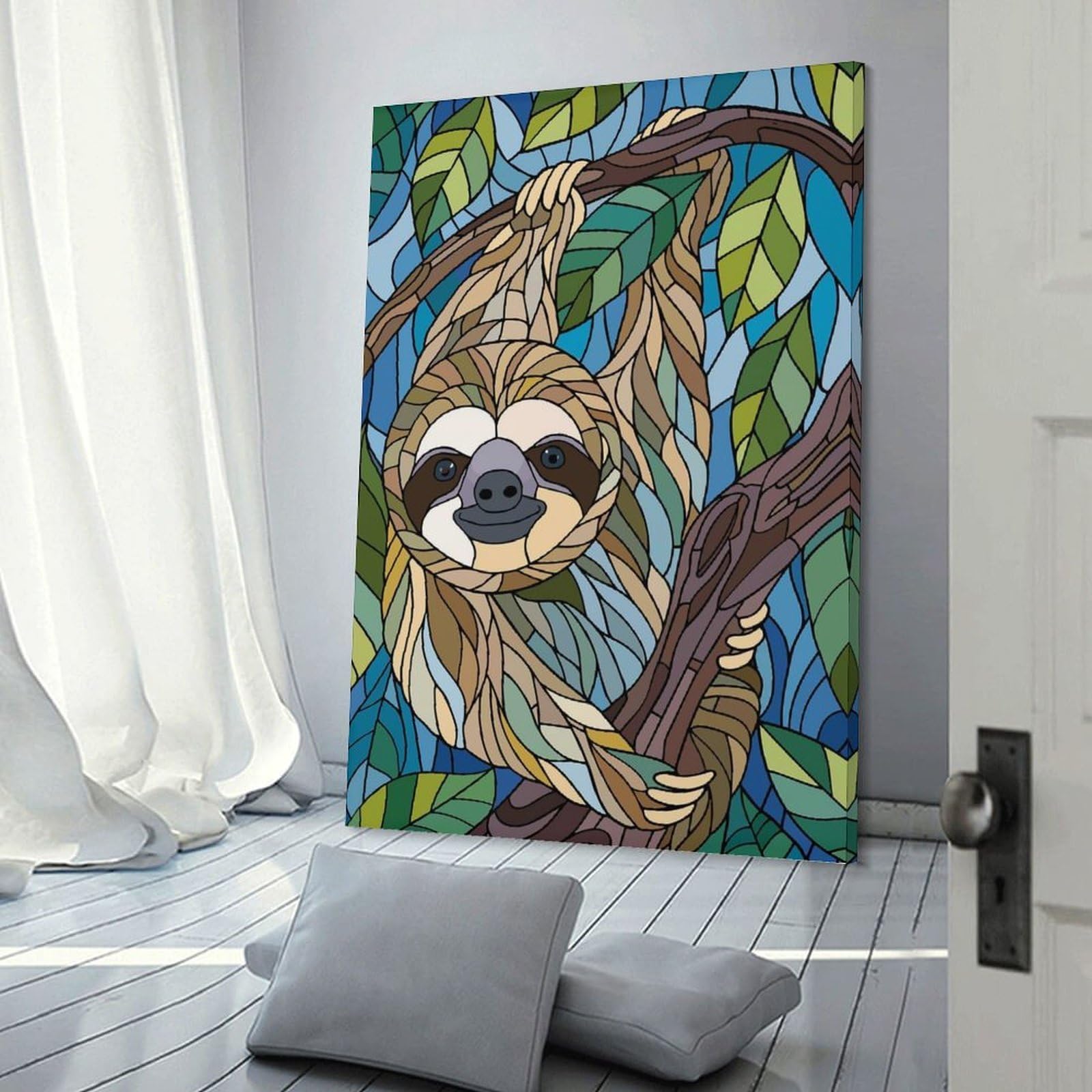 Junmoney Frame-Style-9 Stained Glass Sloth In Tree Wall Picture Print 12X18inch(30X45cm), For Lounge Decor, Offices Or Entryway Styling, A Flexible Wall Accent For Shared Spaces