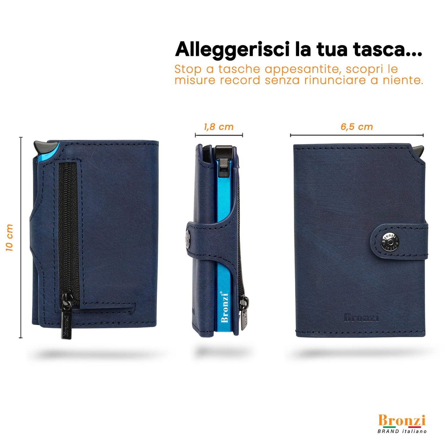 Bronzi® Portafoglio Uomo Slim Piccolo | Portacarte Uomo Donna Portatessere Porta Carte Di Credito | Portafogli Mini Protezione RFID con Portamonete | Box Regalo - Brand Italiano