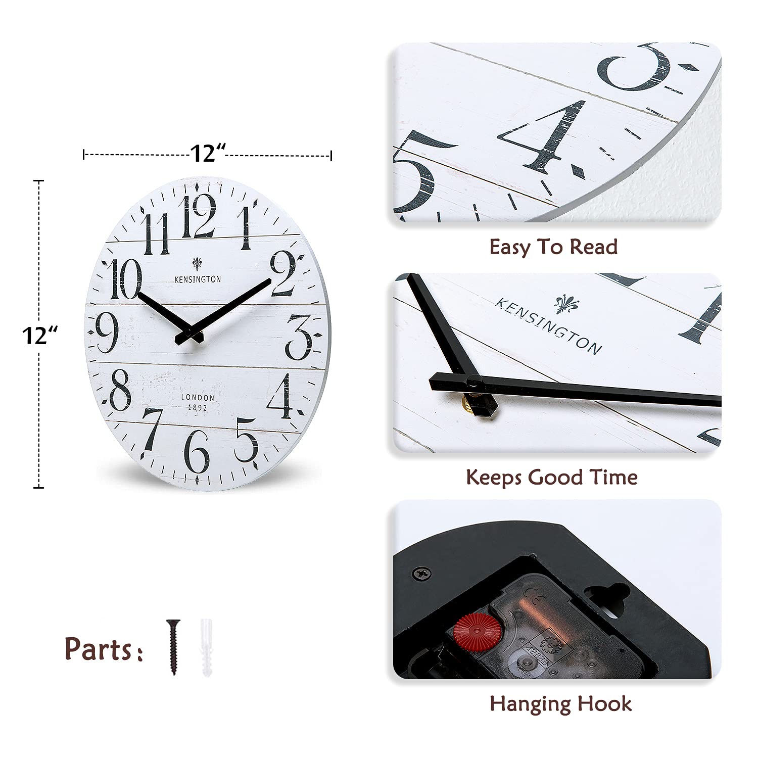 NIKKY HOME White Kitchen Wall Clock-12 Inch Farmhouse Antique Silent Non Ticking Battery Operated Vintage Country Rustic Distressed Wood Clock