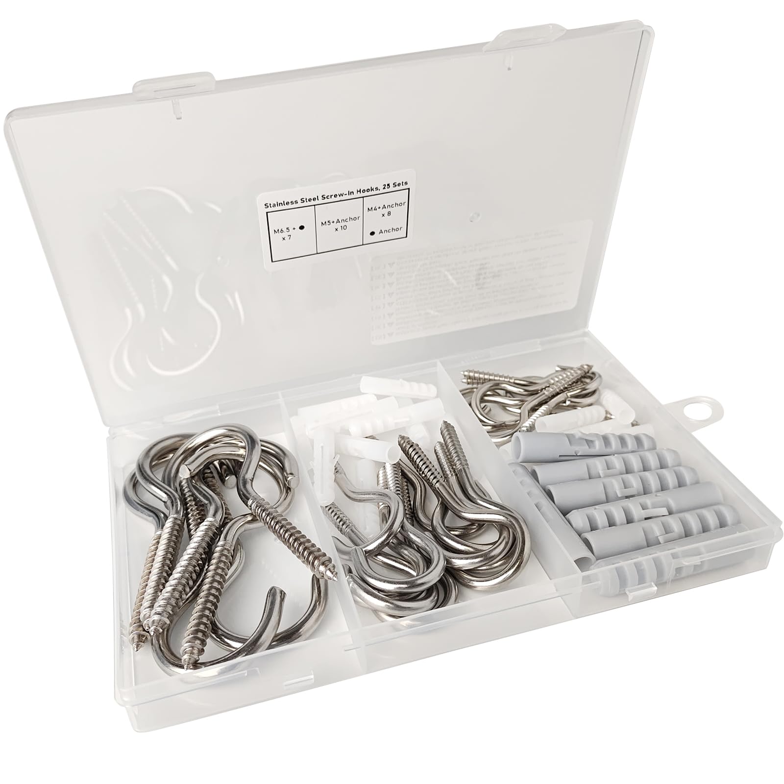 KShun 25PCS Screw-in Hooks Assortment Kit, 304 Stainless Steel M4 M5 M6.5 Threaded Hooks for Wood & Solid Wall in Storage Box, Rustproof Cup Hooks, Ceiling Hooks for Indoor Outdoor, Kitchen, Garden