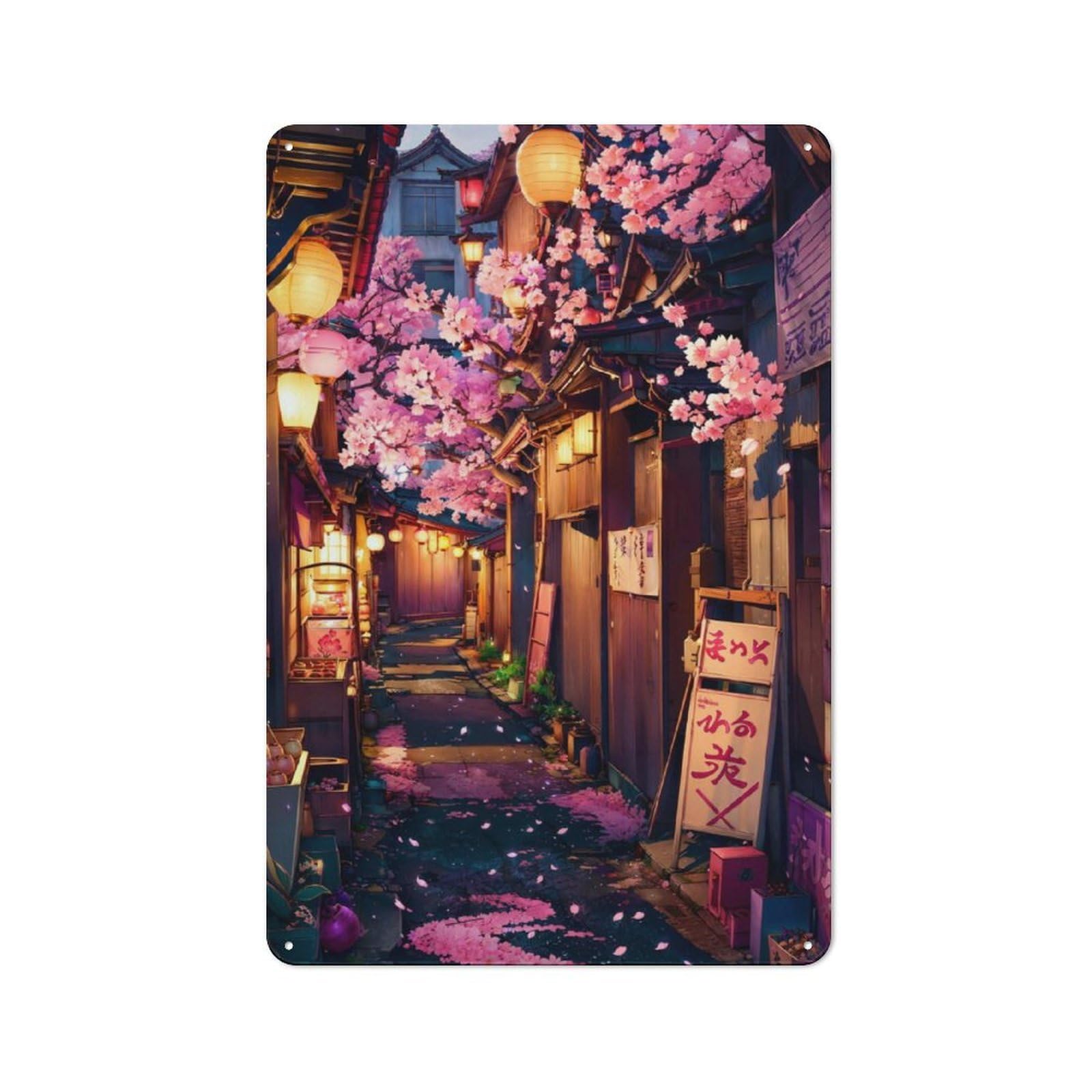 Junmoney Cherry Blossom Back Alley For Kitchen Or Home Bar, Retro-Style Metal Sign 30X20cm, For Cooler-Month Interiors With Retro Character