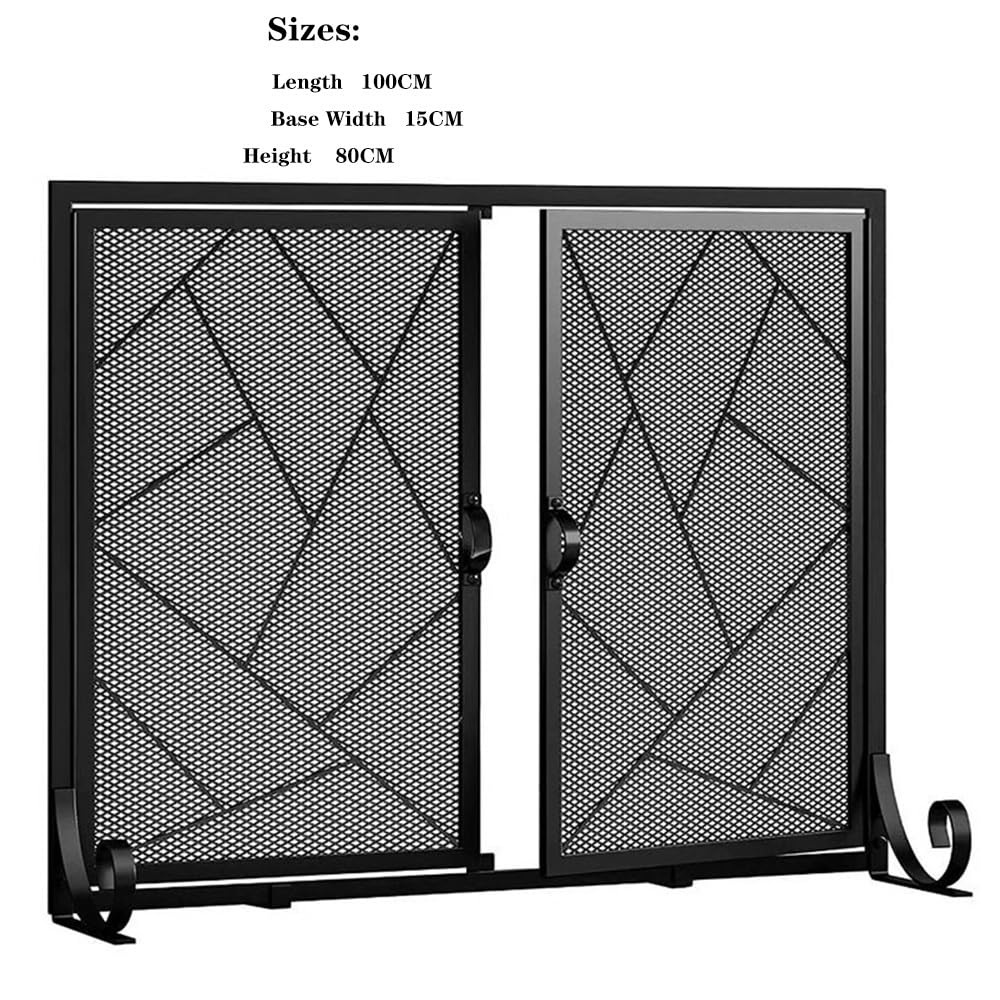 Salvachispas Chimenea Mampara for Chimenea de Doble Puerta for con Puertas batientes Marco Hierro Fundido Acabado Malla metálica Duradera Color Negro Protector Chimenea