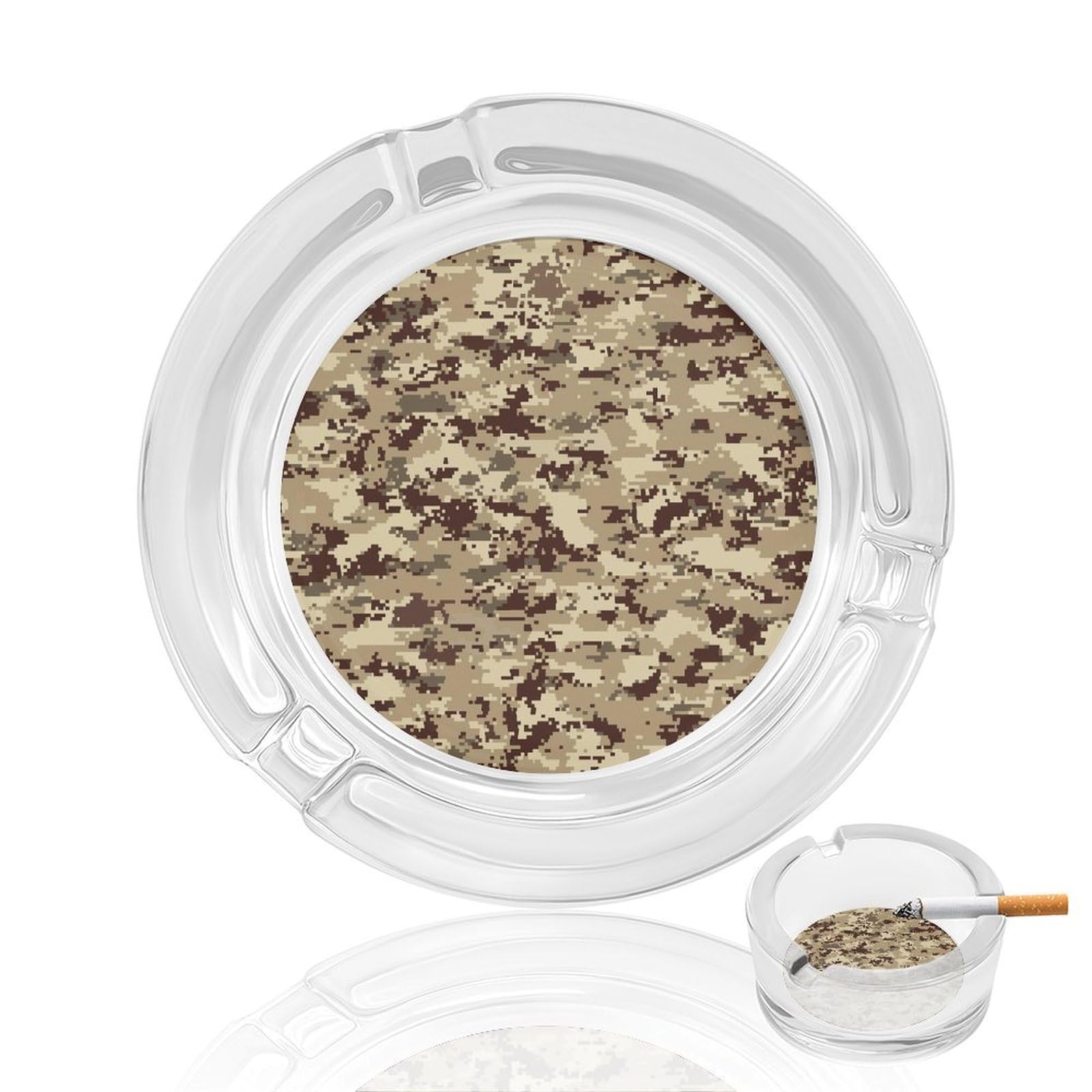 Camouflage Patte Glass Ashtray 3.3 Inch Round Cigarette Ash Holder with 4 Grooves for Home Office Outdoor One Size
