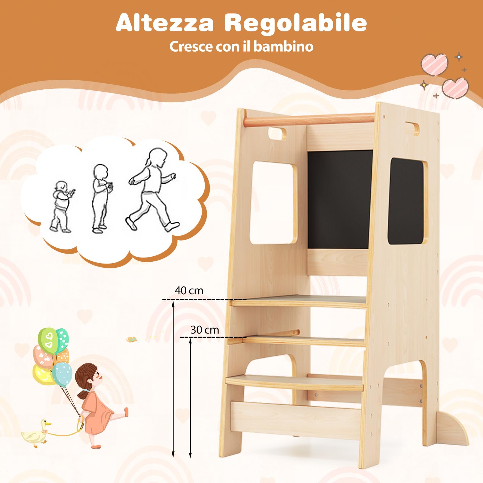 Torre Di Apprendimento Montessori Pieghevole Per Bambini - Sgabello Sicuro Con Design Anti-ribaltamento E Legno Naturale
