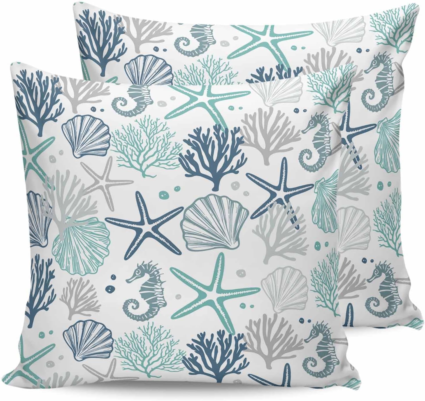 Pack of 2 Coral Starfish Seahorse Shell Outdoor Pillow Waterproof Covers 24x24 inch, Ocean Theme Polyester Throw Pillow Covers Garden Cushion Decorative Case for Patio Couch Decoration
