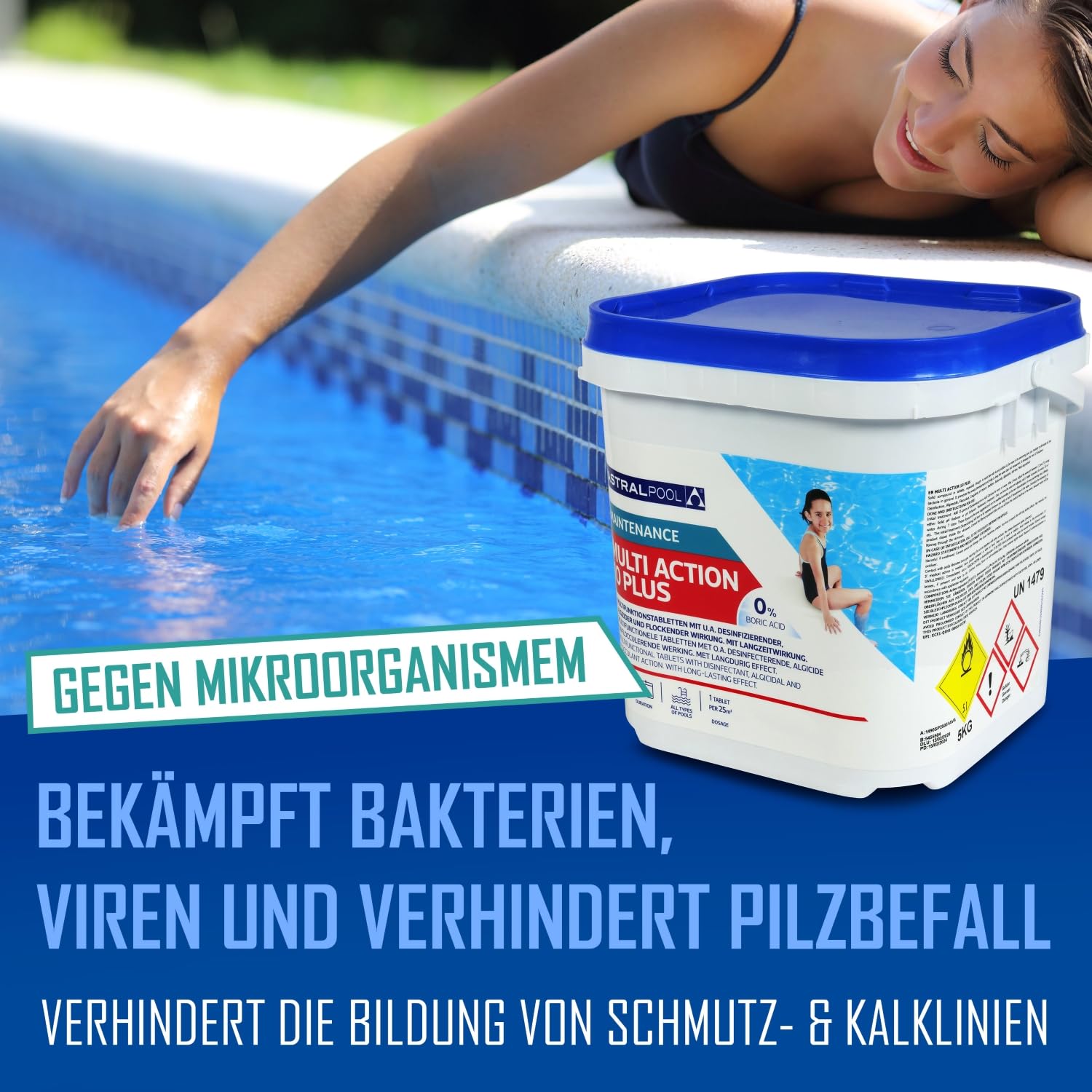 Astral Pool Multi Action 10 Plus - 5 kg Langsam lösliche 10in1 Chlortabletten für Pool Langzeitdesinfektion und Algenkontrolle