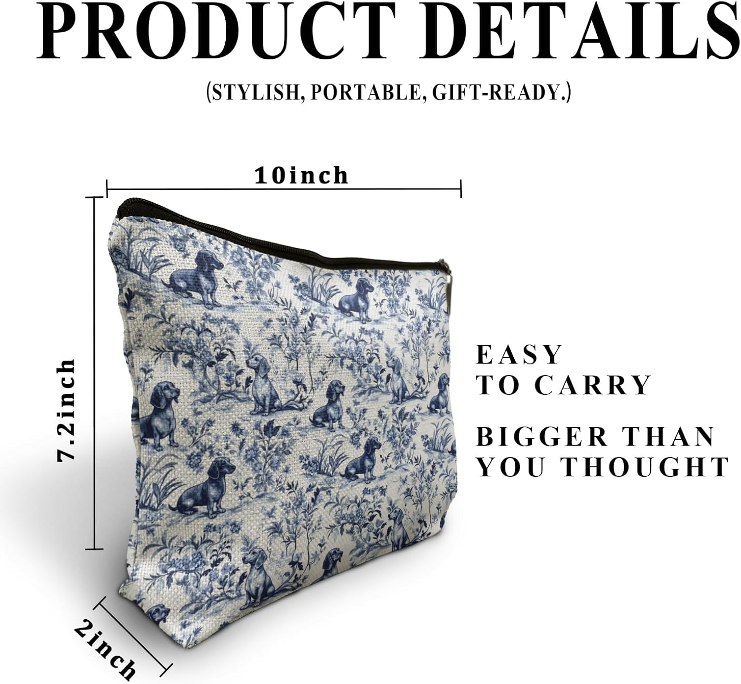 Blue and White Chinoiserie Dachshund Makeup Bag, Dachshund Lovers Gifts Cosmetic Bags for Women, Grandmillennial Sausage Wiener Dog Makeup Zipper Pouch - Image 6