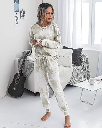 Vista 3 de Prettygarden - Conjunto de pijama de dos piezas para mujer, diseño de teñido anudado, sudadera informal de manga larga con pantalones largos, ropa