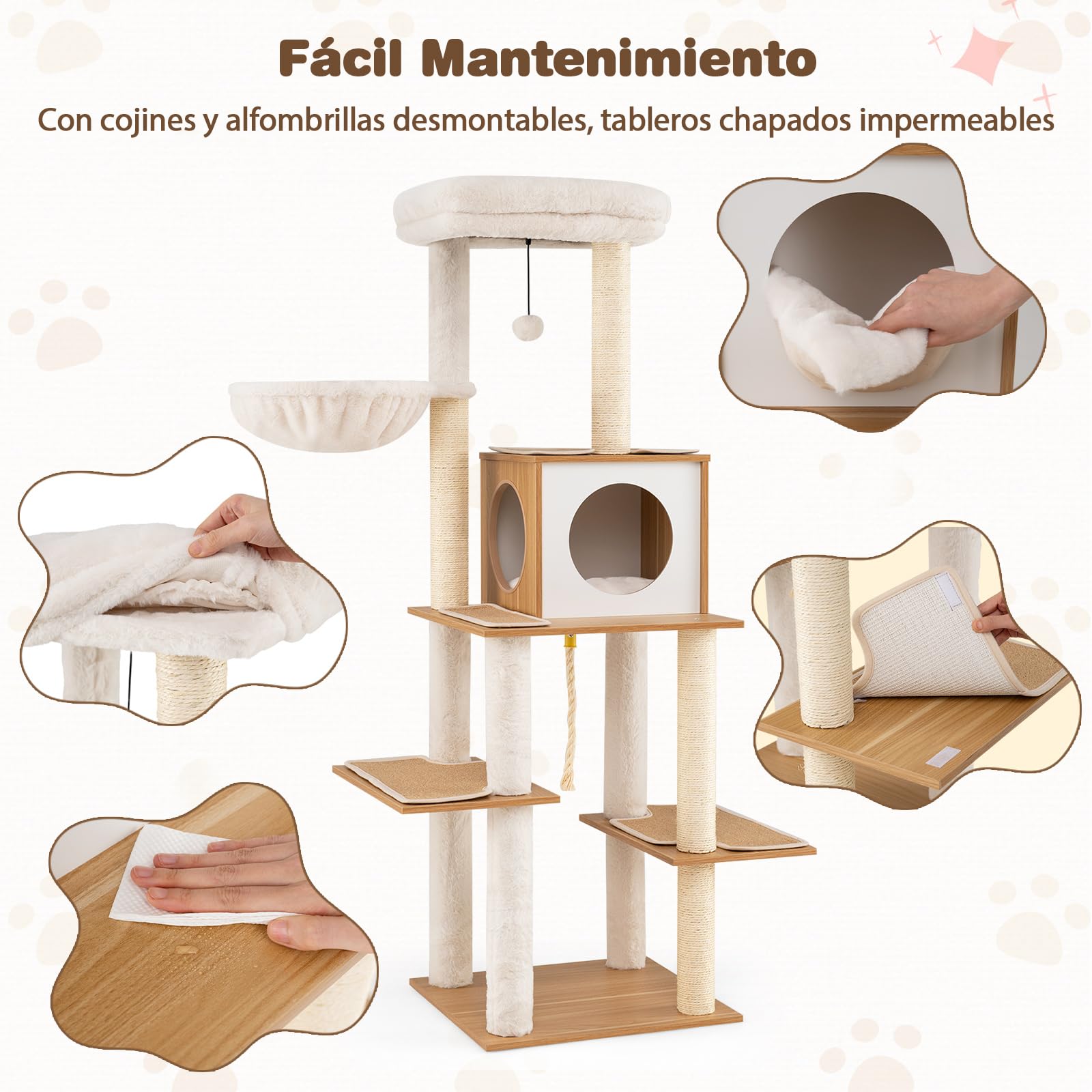 COSTWAY Mueble Rascador para Gatos, 148 cm Árbol Rascador para Gatos con Postes Rascadores de Sisal, Condominio, Percha, Cesta, Juguete, Cojines Lavables, Gran Torre de Madera Multinivel para Gatitos