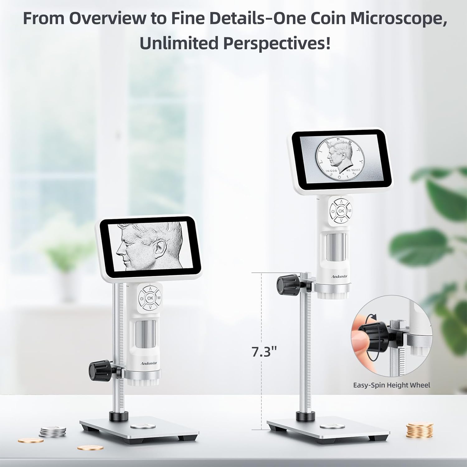 Andonstar Digital Microscope, 5" 1080P Coin Microscope Camera for Error Coin with 7.3" Metal Stand for Adults Kids, Handheld USB Coin Magnifier with 8 Adjustable LED Lights, Windows Mac PC