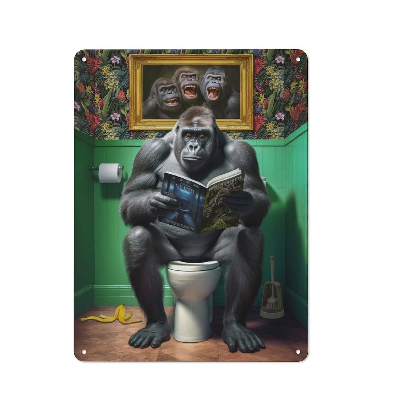 Rustic Tin Sign 40x30cm Featuring Gorilla on The Toilet for Living Room Wall, for Room Styling Across Living Rooms And Feature Walls