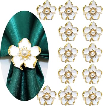 Napkin Rings Set of 12, Gold Metal Christmas Napkin Rings Flower and Pearl Napkin Holder Exquisite Napkin Buckle Multipurpose Ramadan Decorations Christmas Napkin Holder for Hotel
