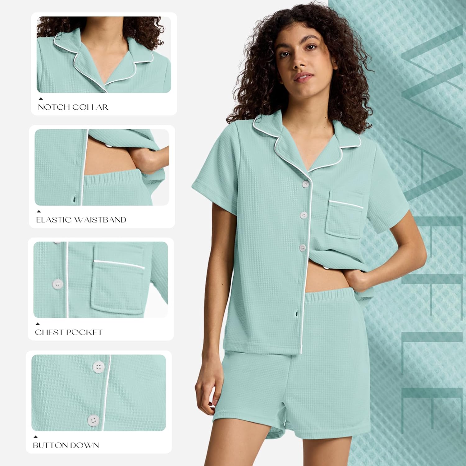 SIORO Button Down Pajamas Set for Women Short Sleeve Sleepwear Lightweight Waffle Knit Loungewear Shorts Set Nightwear - Image 5