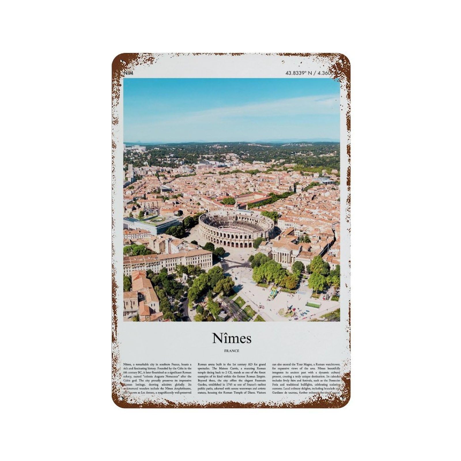 xiaoxiaoshen Nîmes France City Scenery Wall Decor Art Metal Tin Poster Modern Home Decor Art Home Bar Shop Decorations Vintage Sign 30x20cm