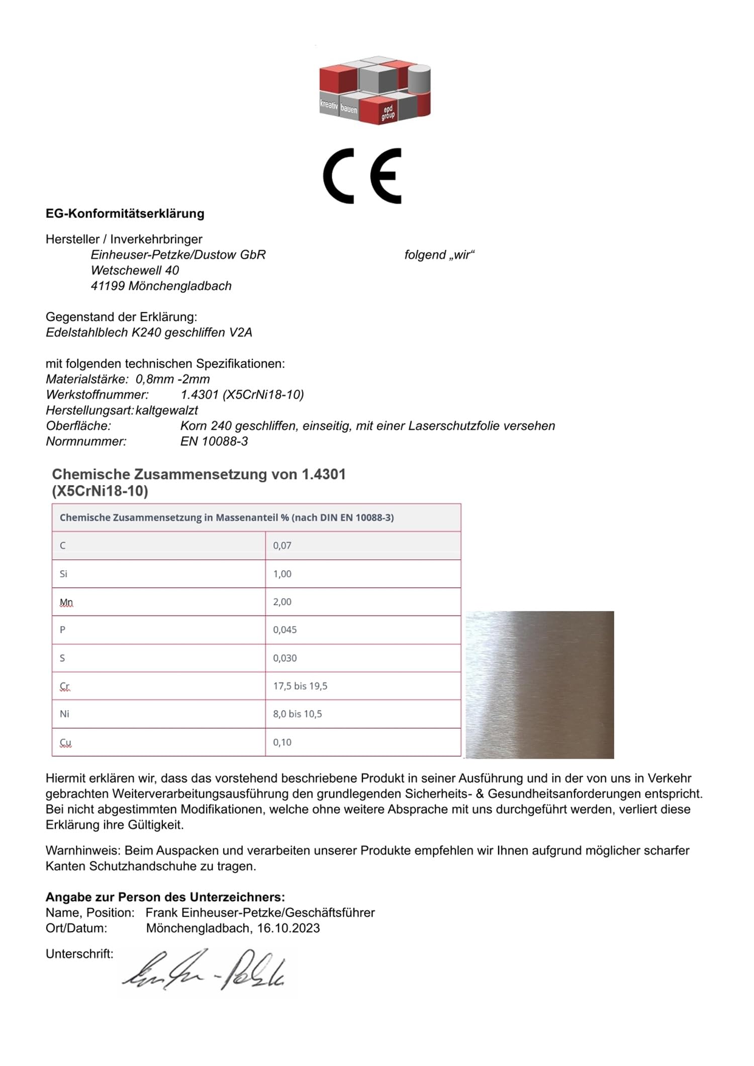 Edelstahlblech 1250x250 mm V2A, K240 geschliffen, 1,5 mm stark, einseitig mit Schutzfolie, Dekoblech, CNS Blech