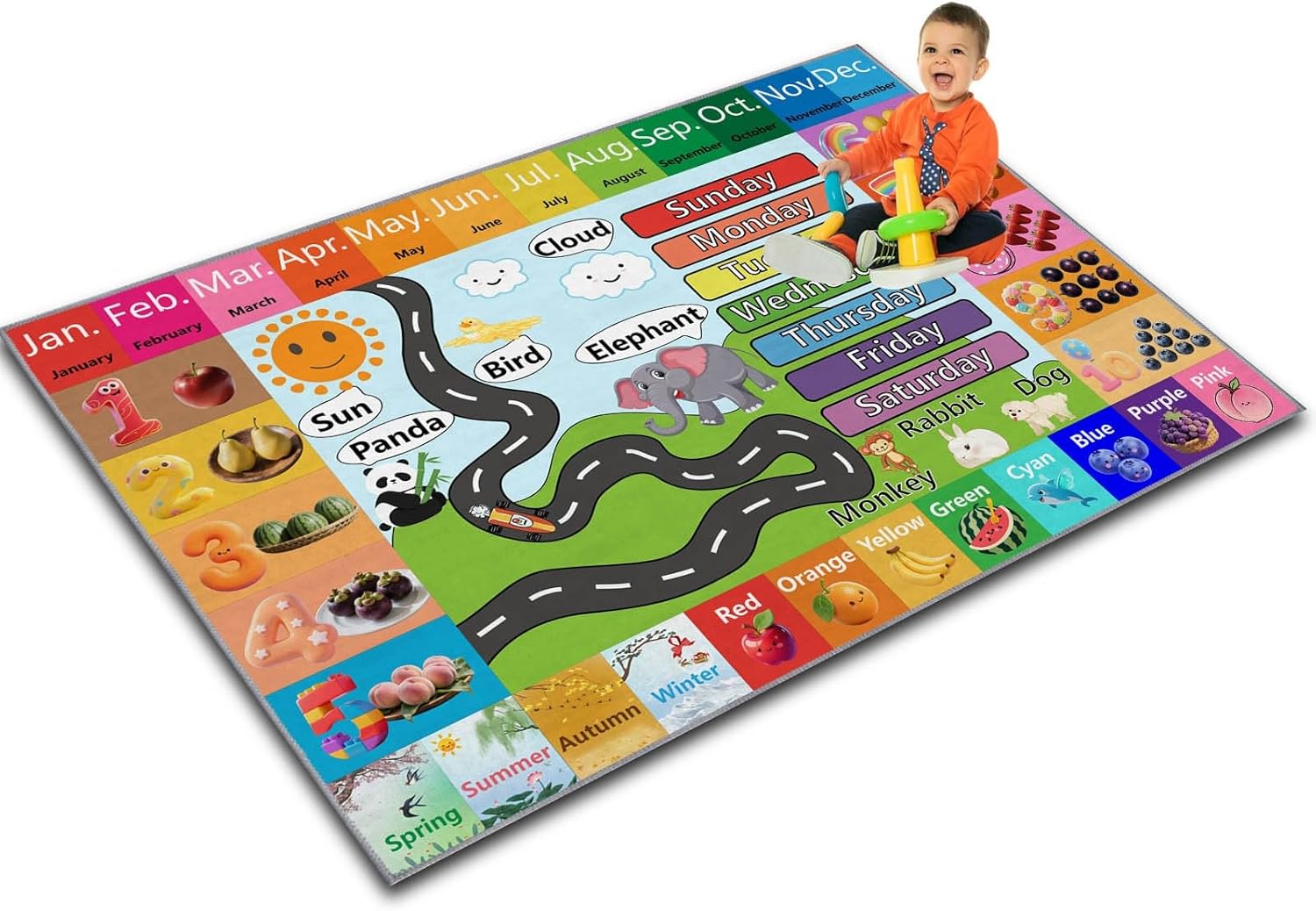 ABC 123 Baby Play Mat – Months, Animals, Fruits & Colors Educational Rug for Nursery Classroom, Non-Slip Toddler Activity Floor Carpet(X1, 4×6ft)