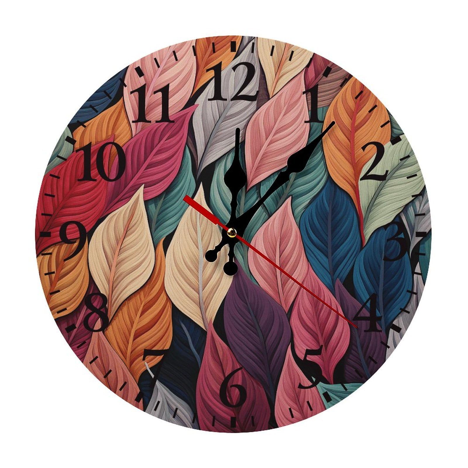 QMNLKH Multicolor Leaves Wall Clock for Home, Battery Operated Clock for Hotel, Round Wall Clock with Arabic Numerals Black, Easy to Read, Non-Ticking Clocks for Living Room 25 * 25cm