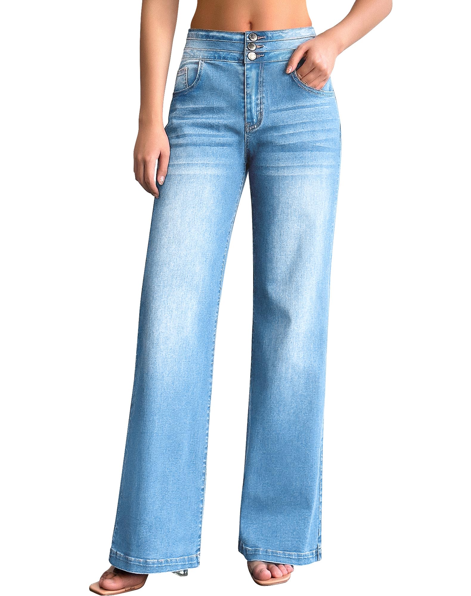 roswear Damen Jeans mit weitem Bein, leger, hohe Taille, Stretch, lockere Denim-Hose