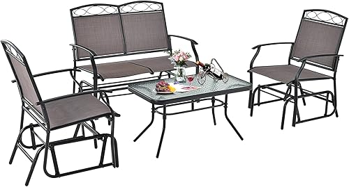 Tangkula Juego de 4 planeadores de patio, sofá biplaza deslizante para exteriores con mesa de café de vidrio templado, juego de muebles de patio