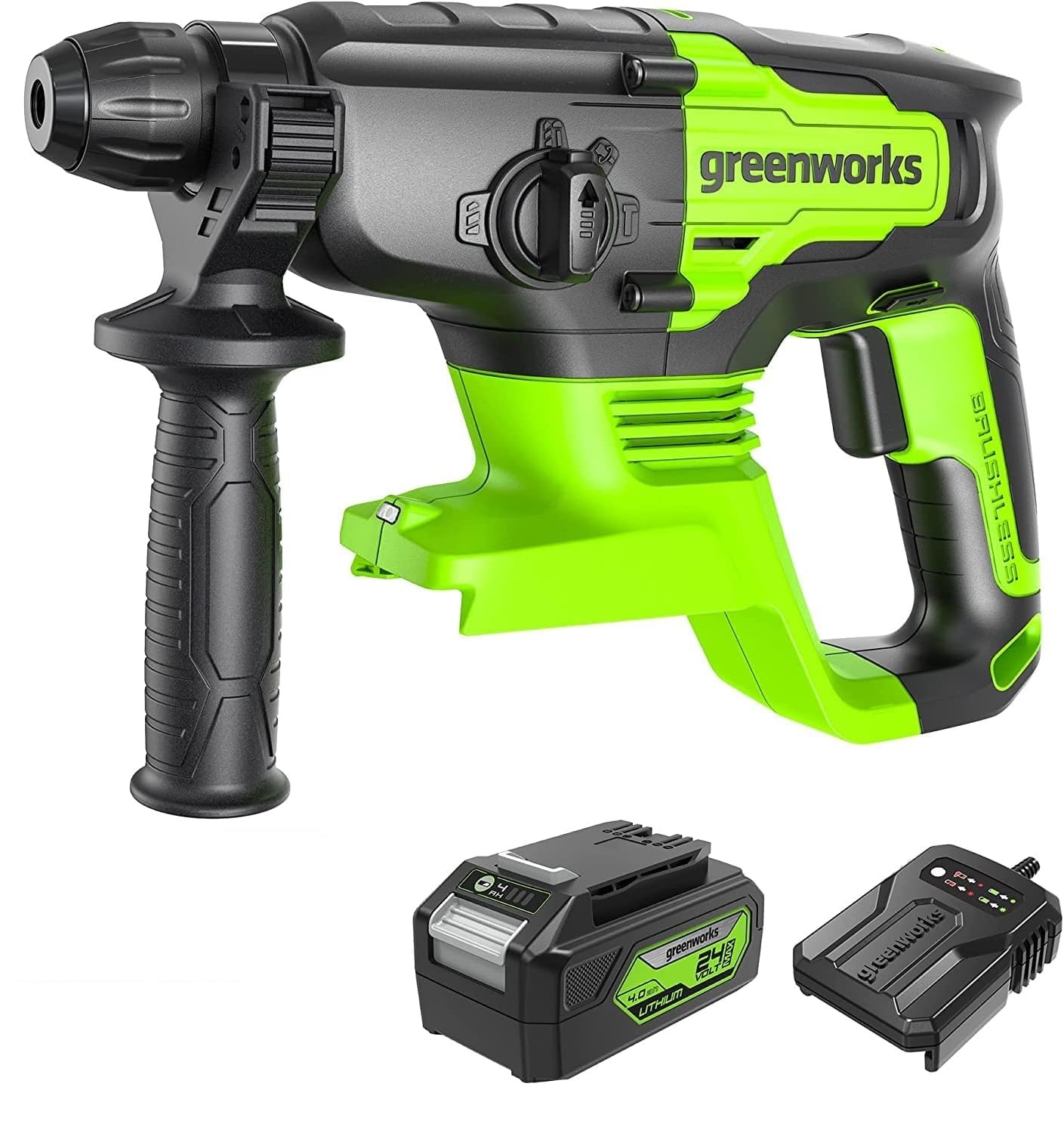 Greenworks 24V Lithium-ion Brushless SDS 2J Heavy Duty Rotary Hammer Drill, 4-Mode Variable Speed, Amazon Exclusive 4AH Battery & Charger Included
